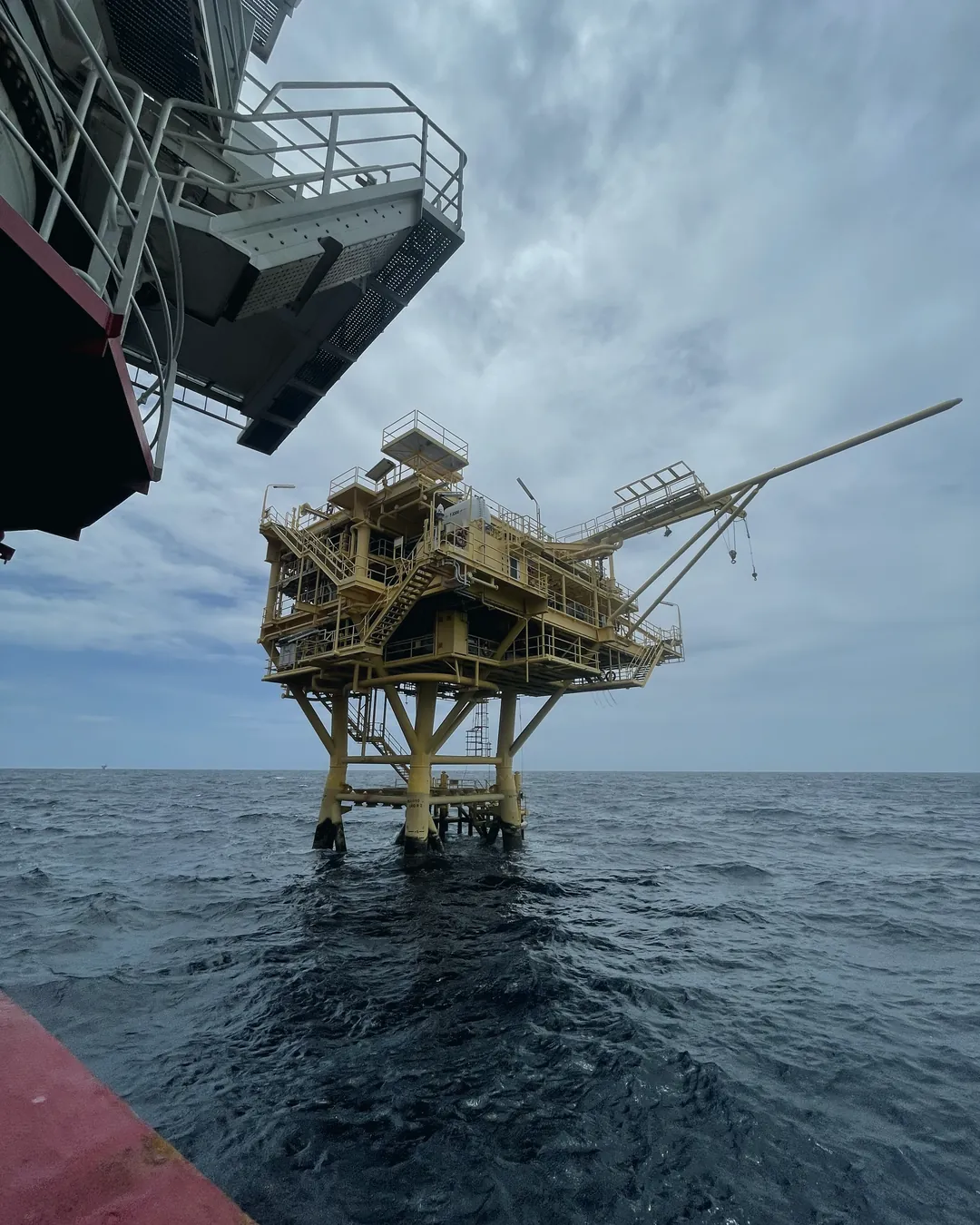 Offshore oil platform seen from a dive support vessel